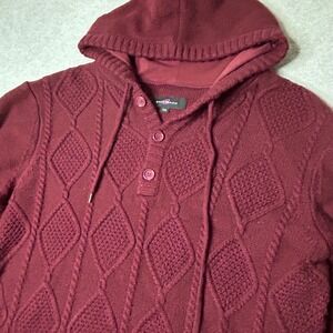 Bachrach Mens XXL Burgundy Cable Knit Hooded Sweater Henley Button Neck Preppy